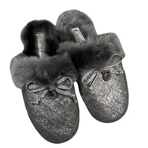 Michael Kors Women's Slippers Gray Glitter Faux Fur Bow‎ Accent Comfy Size 5